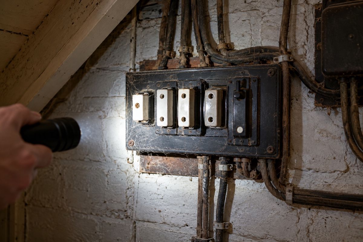 Old rewirable fuse box and cloth-covered cables in an under-stairs cupboard