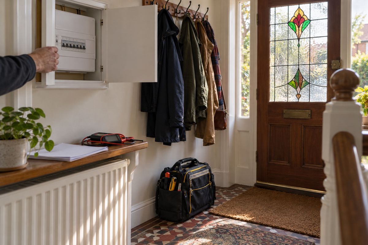 Finished hallway with a new consumer unit and an electrician's bag on the floor