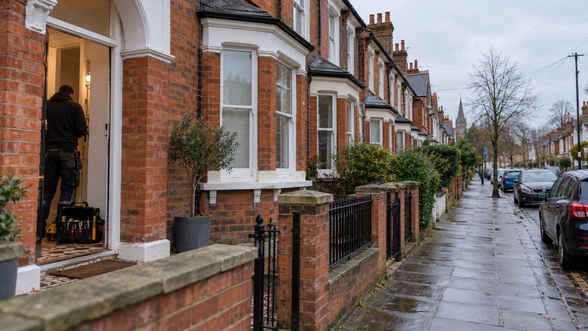 Red-brick Victorian terrace street in Reading with an electrician at an open door