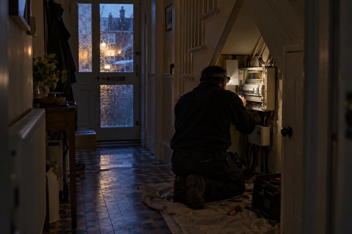 Electrician with a head torch checking a consumer unit under the stairs