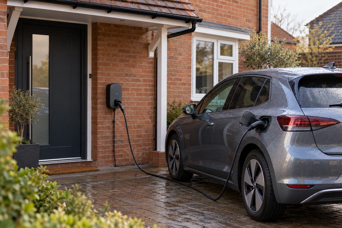 Wall-mounted EV charger on a brick semi with a car charging on the drive