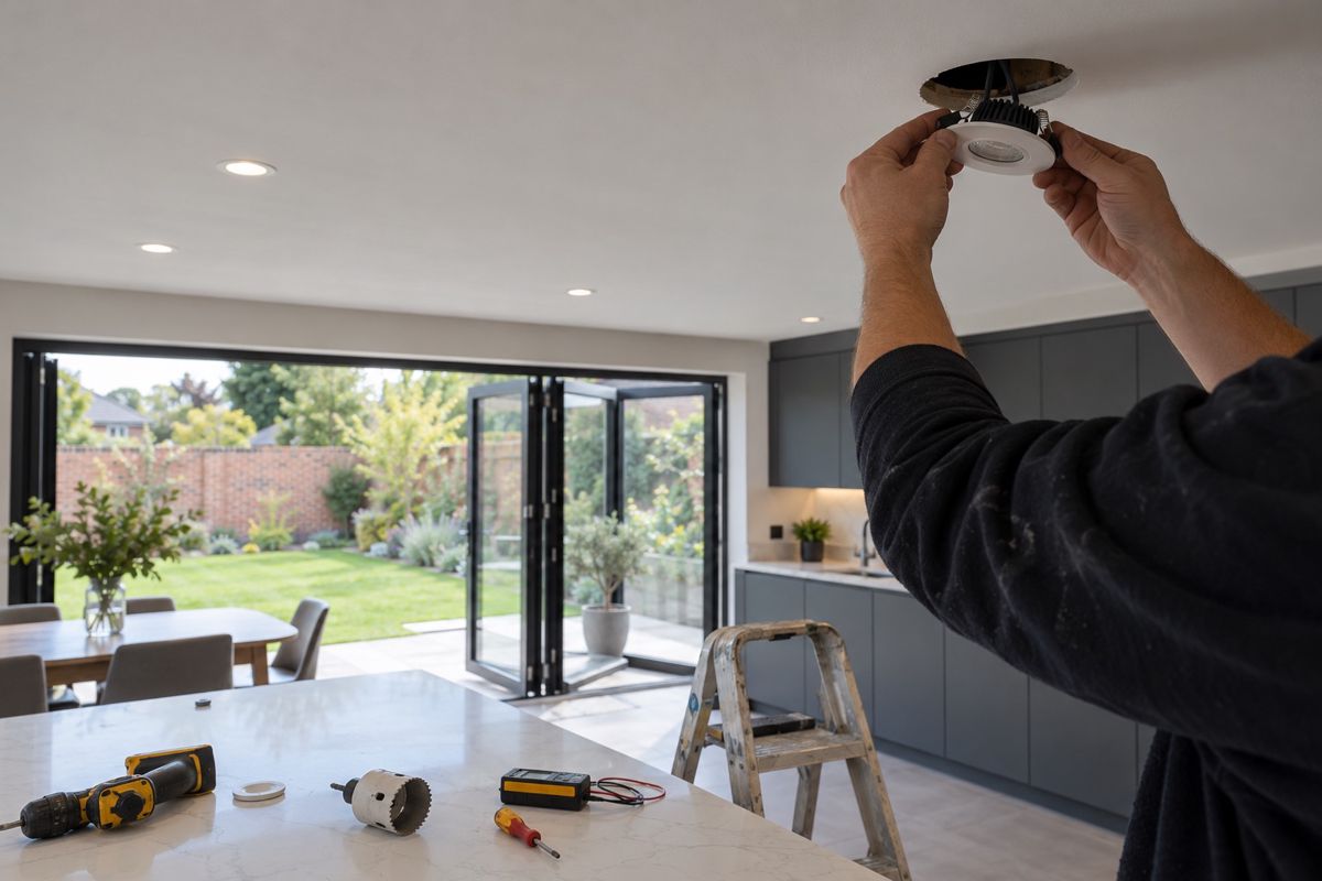 Hands fitting a recessed LED downlight into a kitchen extension ceiling