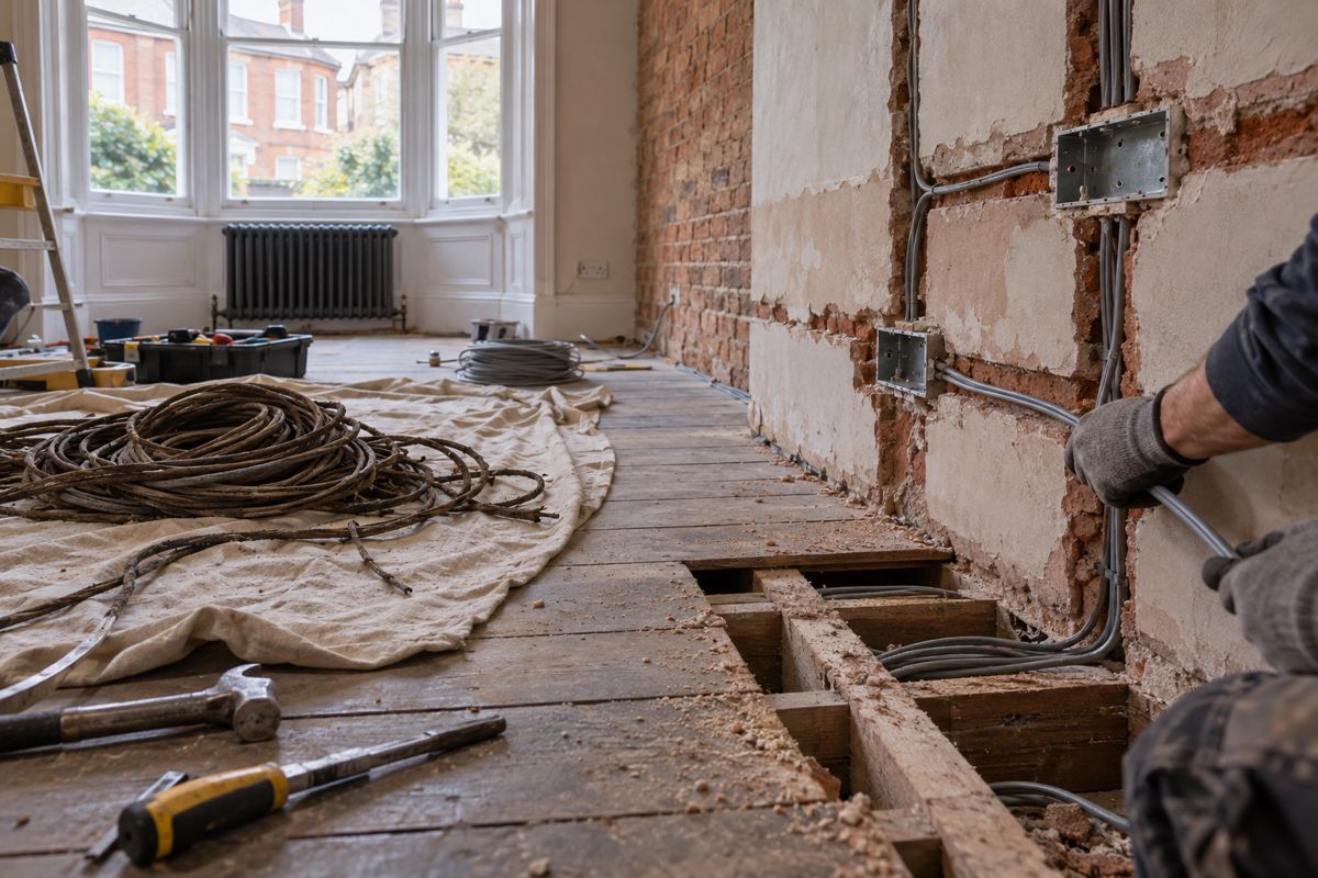 Terrace living room with lifted floorboards and new cable during a rewire